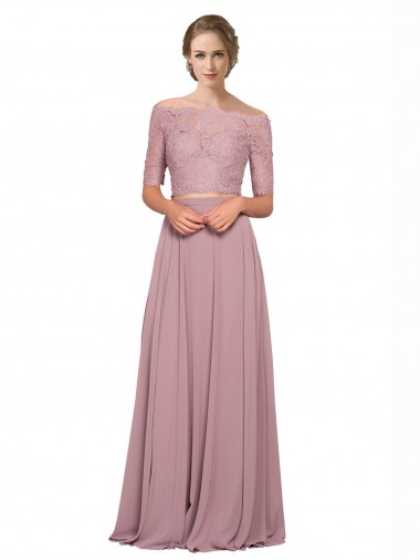 Online A-Linien Off-Schulter Chiffon Spitze Lange Brautjungfernkleider / Abiballkleider