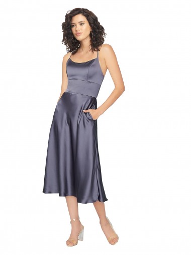 Online A-Linien Scoop Midi Seidiger Satin Kurze Brautjungfernkleider / Abiballkleider / Cocktailkleider / Heimkehr Kleider