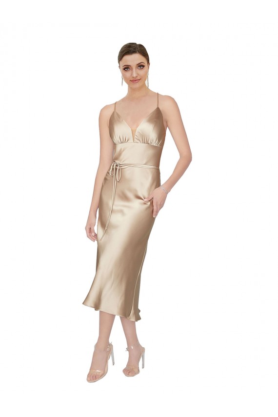 Online A-Linien V-Ausschnitt Midi Seidiger Satin Kurze Formale Brautjungfernkleider / Abendkleider / Abiballkleider / Cocktailkleider