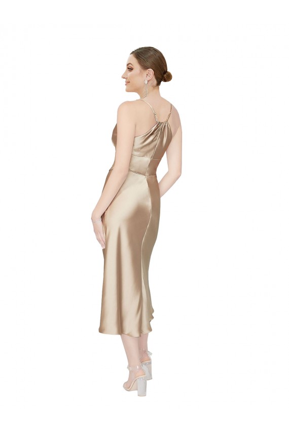 Online A-Linien V-Ausschnitt Midi Seidiger Satin Kurze Formale Brautjungfernkleider / Abendkleider / Abiballkleider / Cocktailkleider