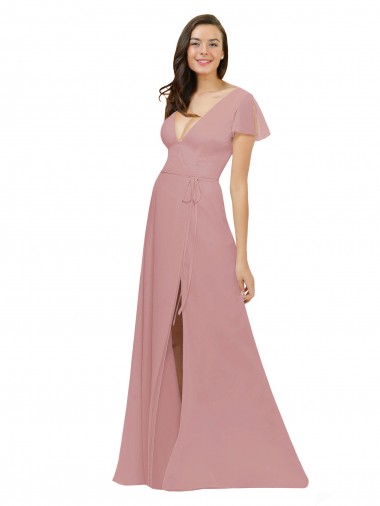 Online Altrosa A-Linien V-Ausschnitt Chiffon Lange Brautjungfernkleider