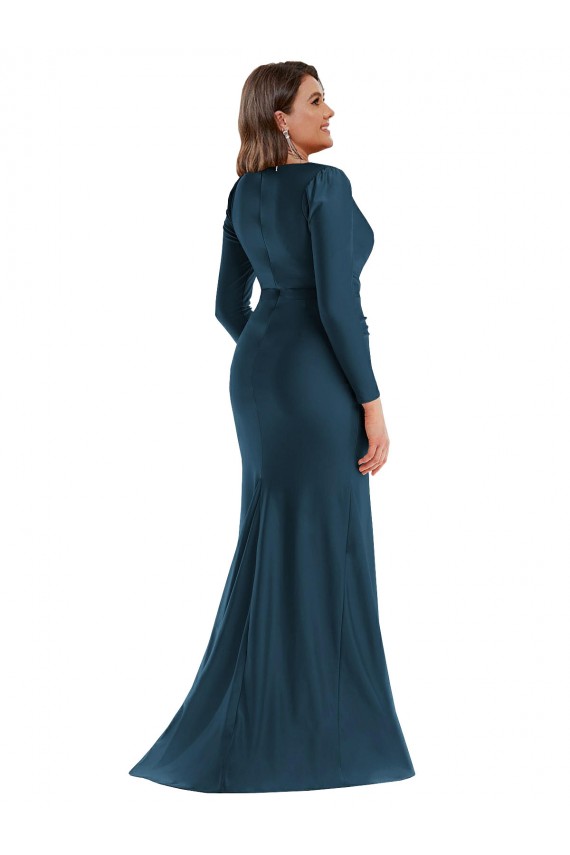 Online Atlantikblau Meerjungfrau V-Ausschnitt Seidiger Satin Lange Formale Brautjungfernkleider / Abendkleider / Abiballkleider