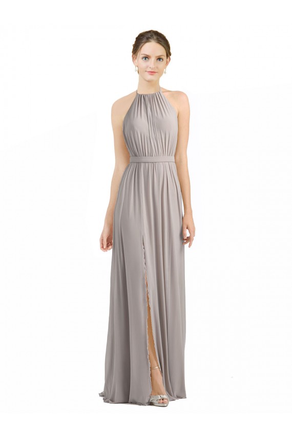 Online Austernsilber A-Linien Neckholder Chiffon Lange Brautjungfernkleider