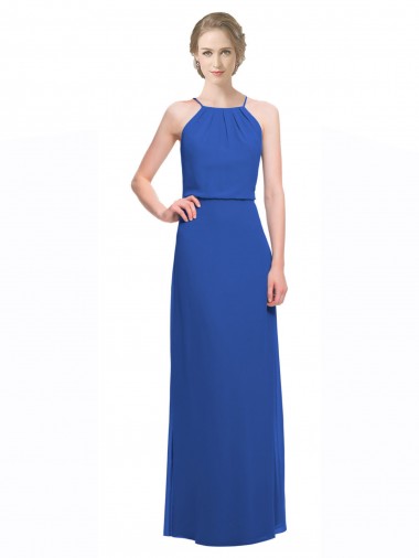 Online Blau 135 A-Linien Spaghetti-Träger Chiffon Lange Brautjungfernkleider