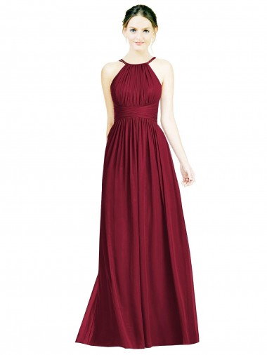 Online Burgunderrot A-Linien Neckholder Chiffon Lange Brautjungfernkleider