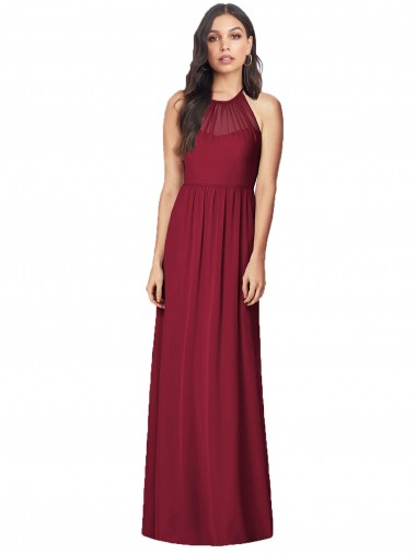 Online Burgunderrot Trompete Neckholder Chiffon Lange Brautjungfernkleider