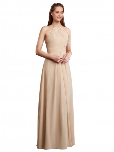 Online Champagner A-Linien Neckholder Chiffon Lange Brautjungfernkleider