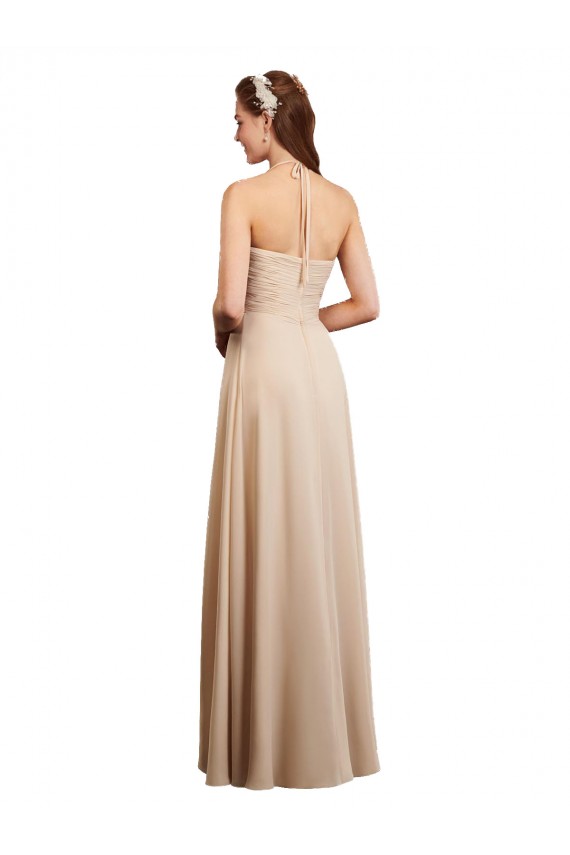 Online Champagner A-Linien Neckholder Chiffon Lange Brautjungfernkleider
