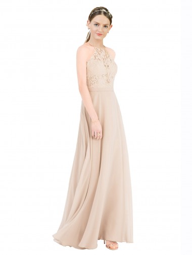 Online Champagner A-Linien Neckholder Stehkragen Ausschnitt Chiffon Spitze Lange Brautjungfernkleider / Abiballkleider