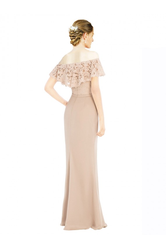 Online Champagner A-Linien Off-Schulter Chiffon Spitze Lange Brautjungfernkleider / Abiballkleider