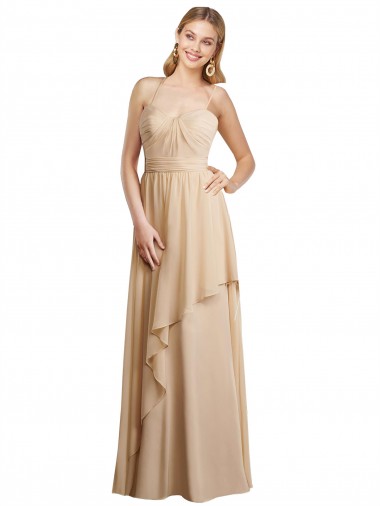 Online Champagner A-Linien Spaghetti-Träger Chiffon Lange Brautjungfernkleider