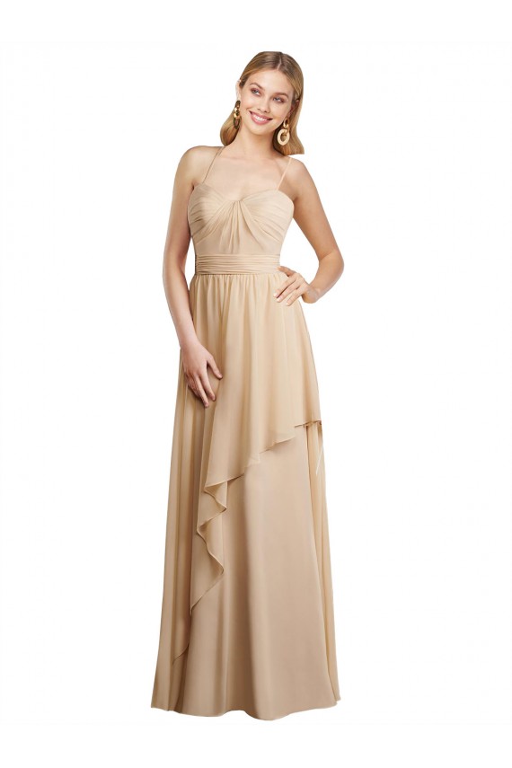 Online Champagner A-Linien Spaghetti-Träger Chiffon Lange Brautjungfernkleider