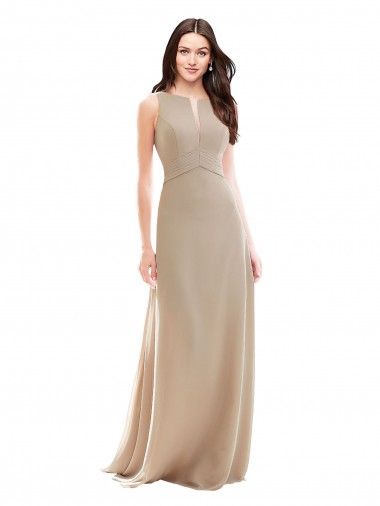 Online Champagner A-Linien Stehkragen Ausschnitt Chiffon Lange Brautjungfernkleider