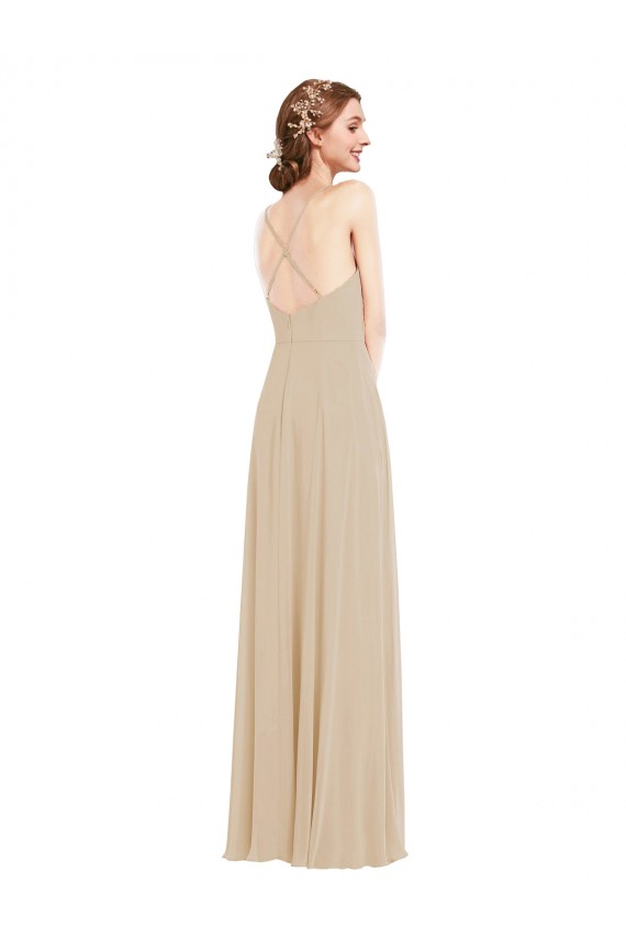 Online Champagner A-Linien V-Ausschnitt Chiffon Lange Brautjungfernkleider