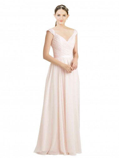 Online Creme Rosa A-Linien Chiffon Spitze Lange Brautjungfernkleider