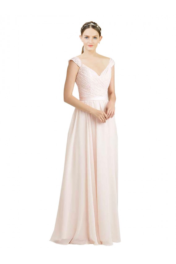 Online Creme Rosa A-Linien Chiffon Spitze Lange Brautjungfernkleider