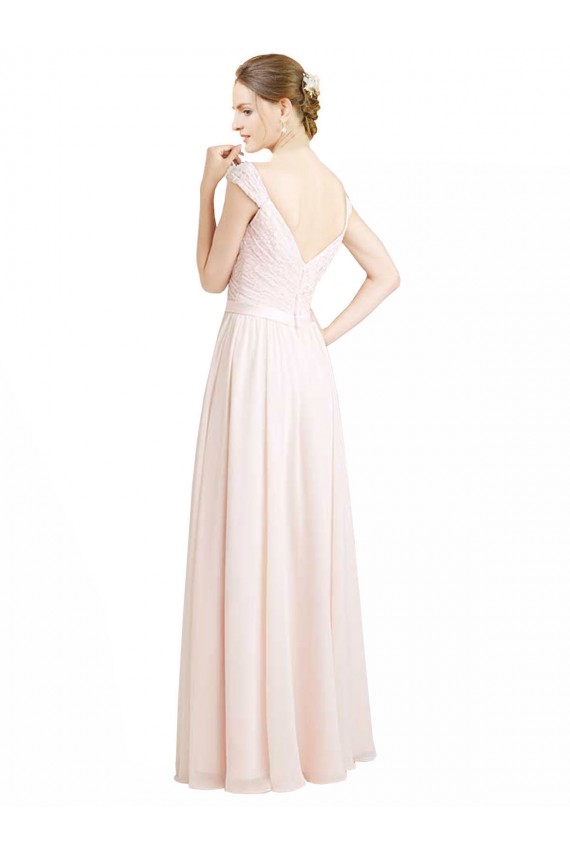 Online Creme Rosa A-Linien Chiffon Spitze Lange Brautjungfernkleider