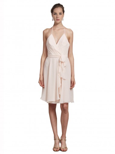 Online Creme Rosa A-Linien Neckholder V-Ausschnitt Knielang Chiffon Kurze Brautjungfernkleider / Cocktailkleider / Heimkehr Kleider