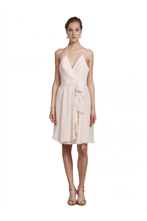 Online Creme Rosa A-Linien Neckholder V-Ausschnitt Knielang Chiffon Kurze Brautjungfernkleider / Cocktailkleider / Heimkehr Kleider