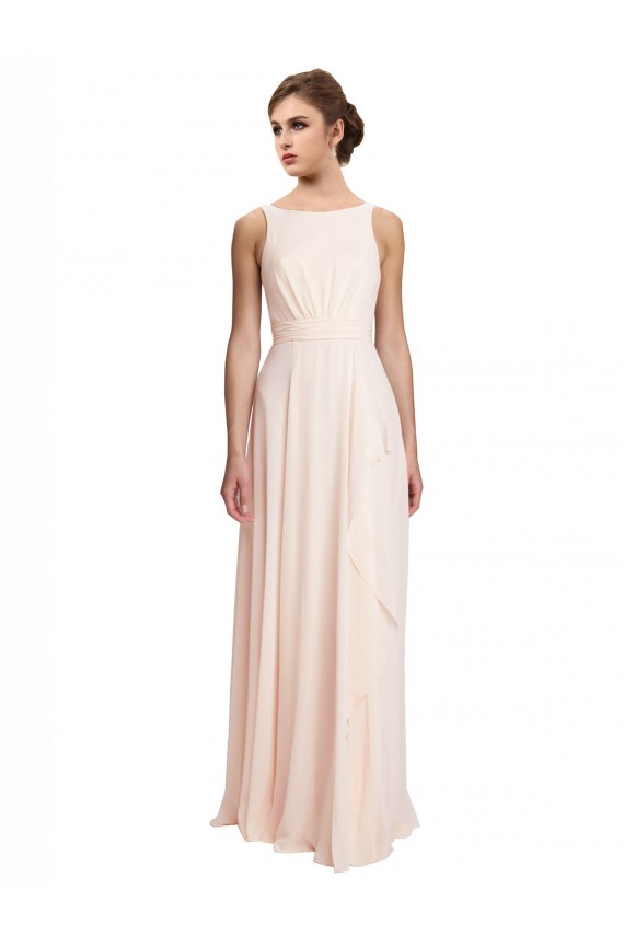Online Creme Rosa A-Linien Stehkragen Ausschnitt Chiffon Lange Brautjungfernkleider