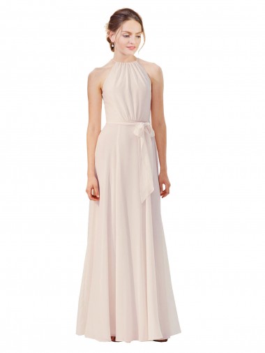 Online Creme Rosa A-Linien Stehkragen Ausschnitt Chiffon Lange Brautjungfernkleider