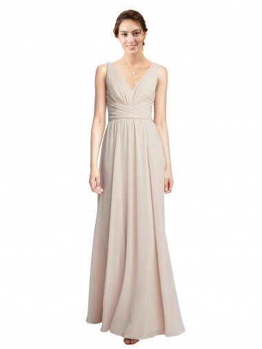 Online Creme Rosa A-Linien V-Ausschnitt Chiffon Lange Brautjungfernkleider