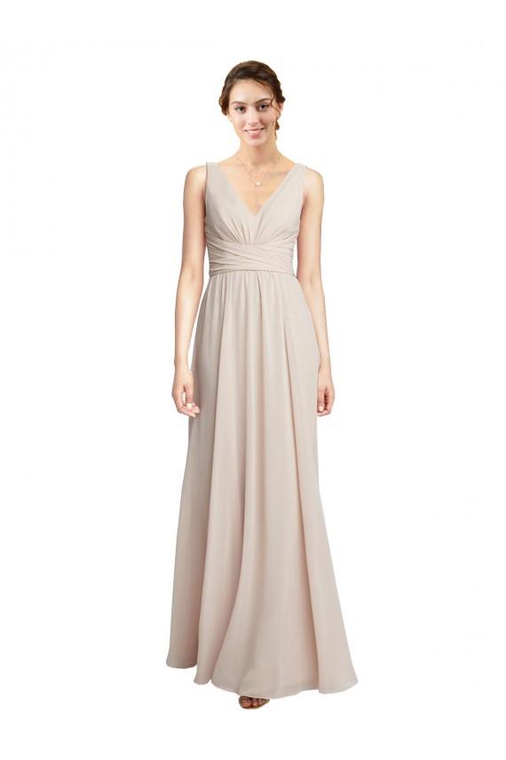 Online Creme Rosa A-Linien V-Ausschnitt Chiffon Lange Brautjungfernkleider