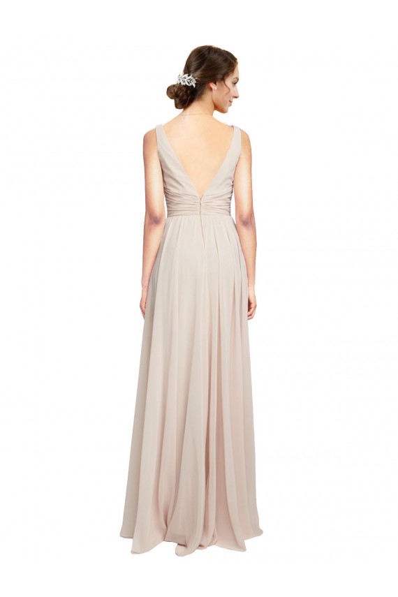 Online Creme Rosa A-Linien V-Ausschnitt Chiffon Lange Brautjungfernkleider