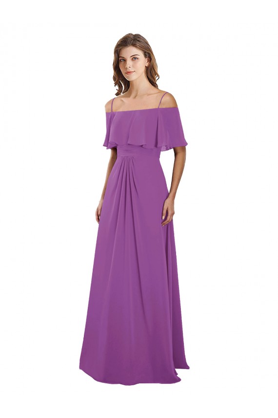 Online Dahlie A-Linien Off-Schulter Spaghetti-Träger Chiffon Lange Brautjungfernkleider