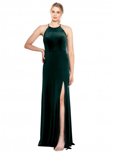 Online Dunkelgrün A-Linien Spaghetti-Träger Jewel Neck Stretch-Samt Lange Brautjungfernkleider / Abiballkleider