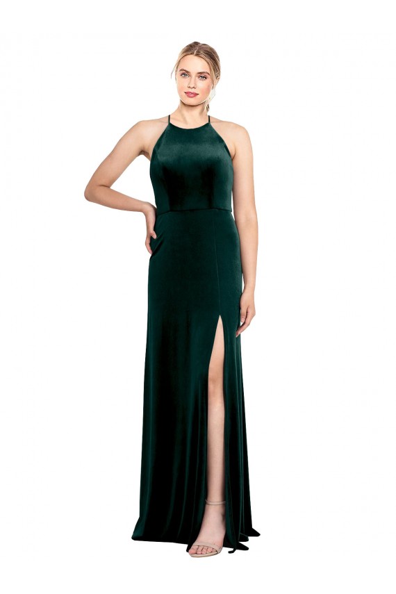 Online Dunkelgrün A-Linien Spaghetti-Träger Jewel Neck Stretch-Samt Lange Brautjungfernkleider / Abiballkleider