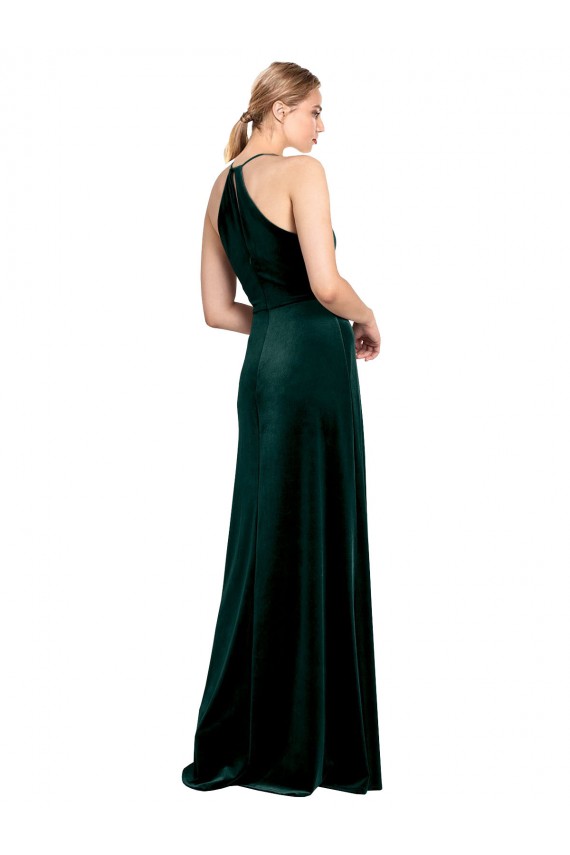 Online Dunkelgrün A-Linien Spaghetti-Träger Jewel Neck Stretch-Samt Lange Brautjungfernkleider / Abiballkleider