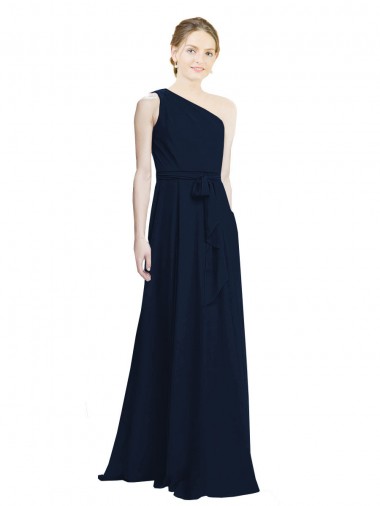 Online Dunkelmarine A-Linien Eine-Schulter Chiffon Lange Brautjungfernkleider
