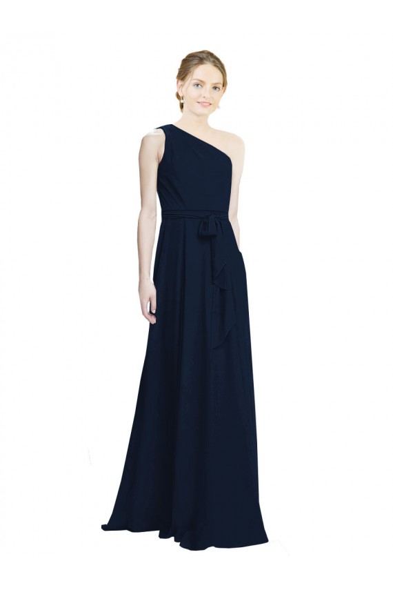 Online Dunkelmarine A-Linien Eine-Schulter Chiffon Lange Brautjungfernkleider