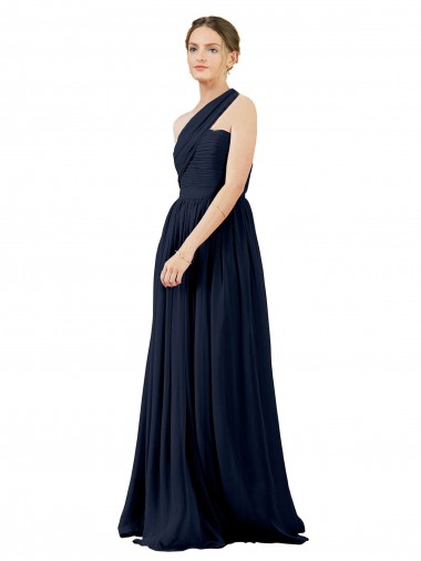 Online Dunkelmarine A-Linien Eine-Schulter Chiffon Lange Brautjungfernkleider