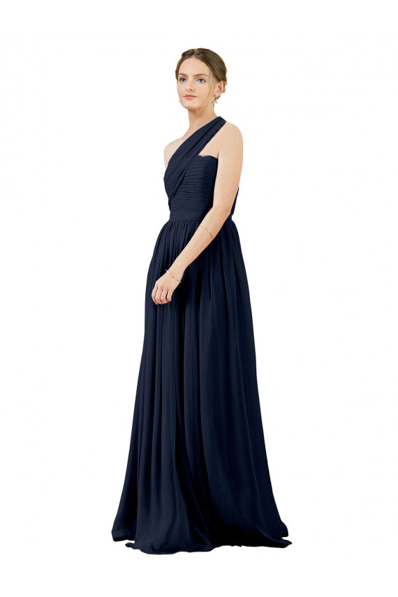 Online Dunkelmarine A-Linien Eine-Schulter Chiffon Lange Brautjungfernkleider