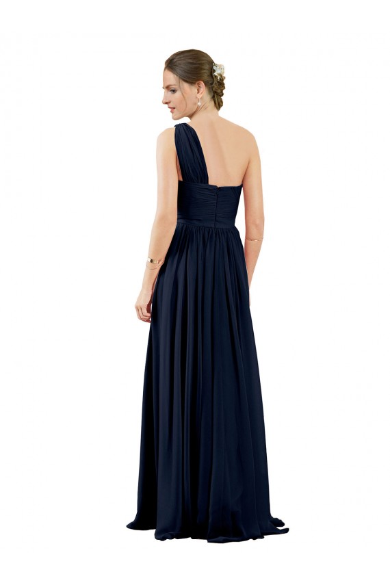 Online Dunkelmarine A-Linien Eine-Schulter Chiffon Lange Brautjungfernkleider