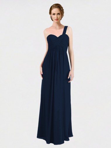 Online Dunkelmarine A-Linien Eine-Schulter Chiffon Lange Brautjungfernkleider