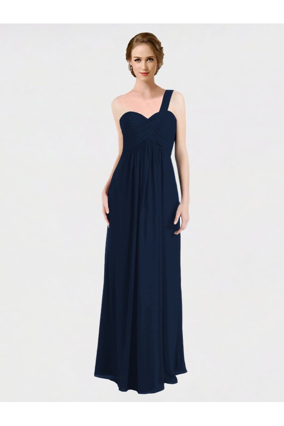 Online Dunkelmarine A-Linien Eine-Schulter Chiffon Lange Brautjungfernkleider
