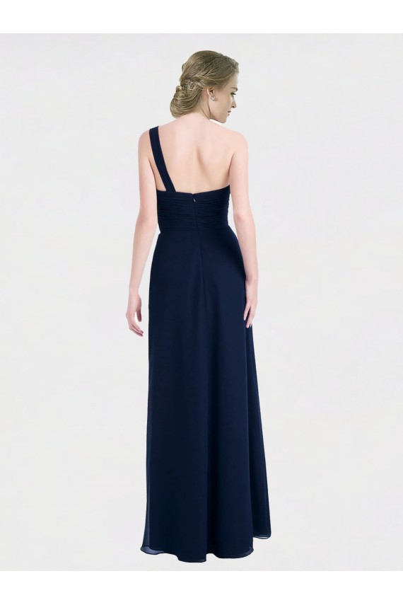 Online Dunkelmarine A-Linien Eine-Schulter Chiffon Lange Brautjungfernkleider