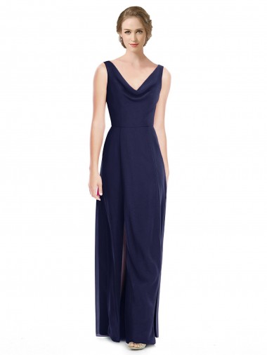 Online Dunkelmarine A-Linien Haube Ausschnitt Chiffon Lange Brautjungfernkleider