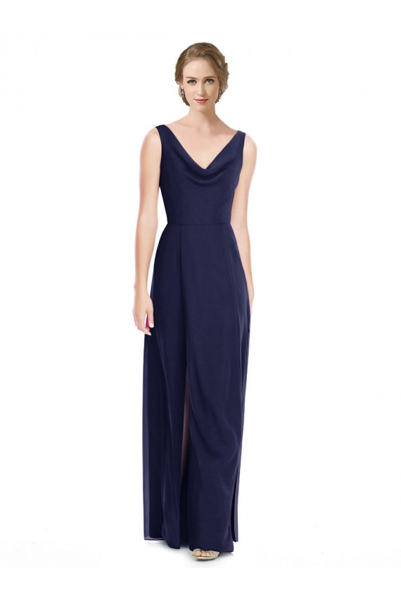 Online Dunkelmarine A-Linien Haube Ausschnitt Chiffon Lange Brautjungfernkleider