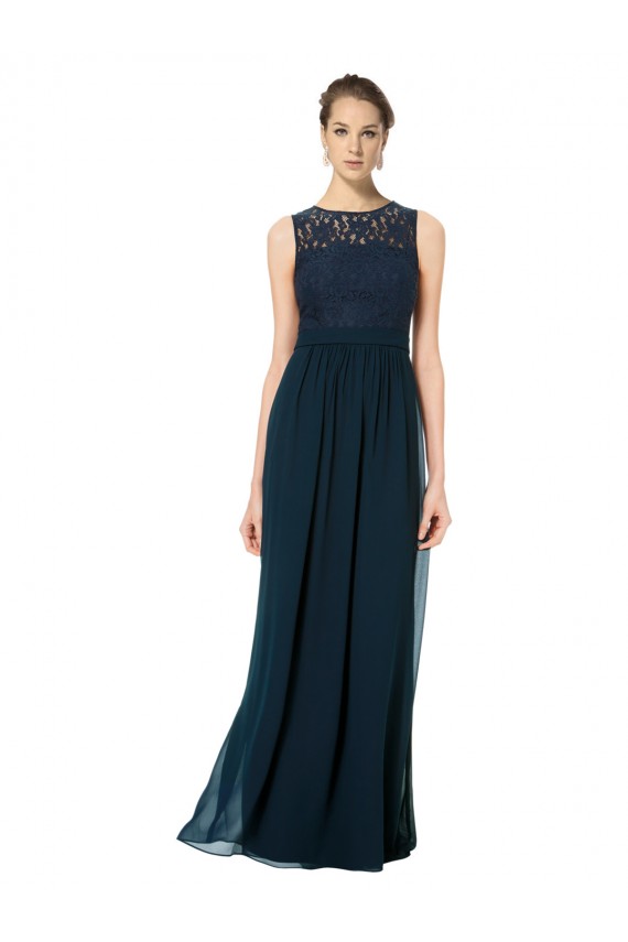 Online Dunkelmarine A-Linien Illusion Ausschnitt Chiffon Spitze Lange Brautjungfernkleider