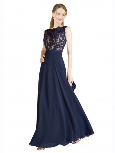 Online Dunkelmarine A-Linien Illusion Ausschnitt Chiffon Spitze Lange Brautjungfernkleider / Abiballkleider