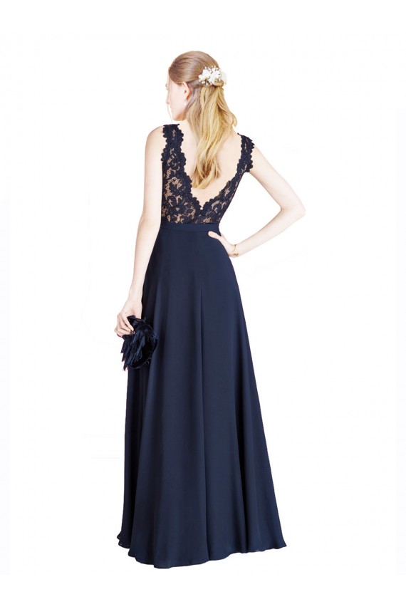 Online Dunkelmarine A-Linien Illusion Ausschnitt Chiffon Spitze Lange Brautjungfernkleider / Abiballkleider