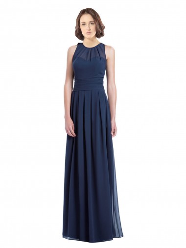 Online Dunkelmarine A-Linien Neckholder Chiffon Lange Brautjungfernkleider