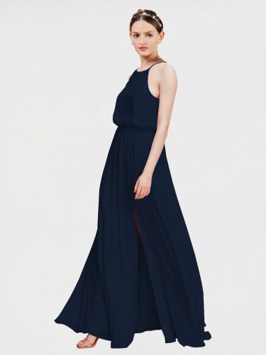 Online Dunkelmarine A-Linien Neckholder Chiffon Lange Brautjungfernkleider