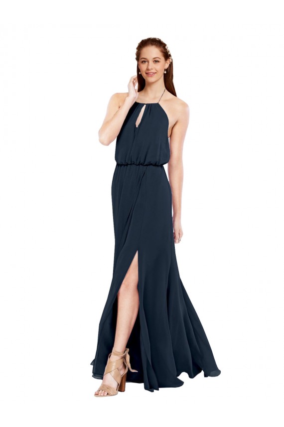 Online Dunkelmarine A-Linien Neckholder Chiffon Lange Brautjungfernkleider
