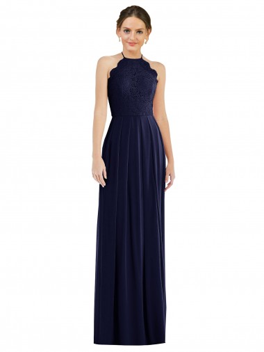 Online Dunkelmarine A-Linien Neckholder Chiffon Lange Brautjungfernkleider