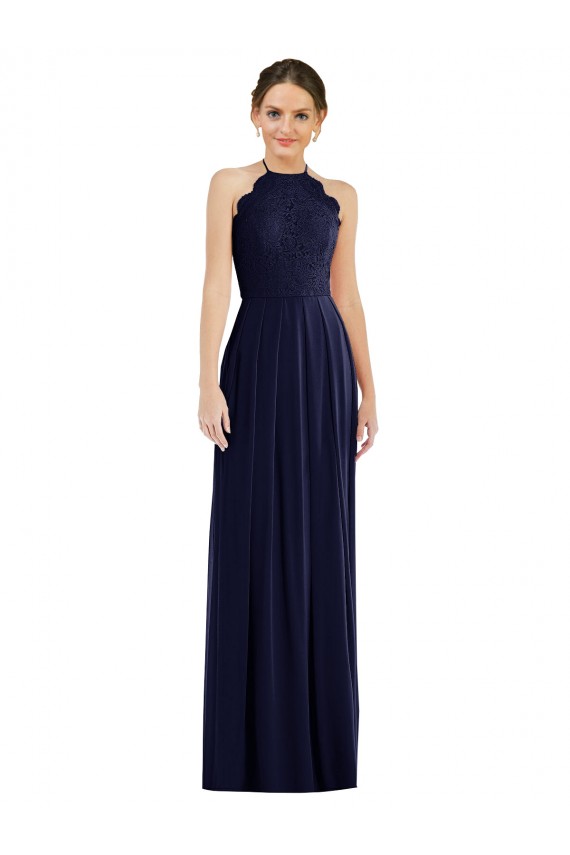 Online Dunkelmarine A-Linien Neckholder Chiffon Lange Brautjungfernkleider